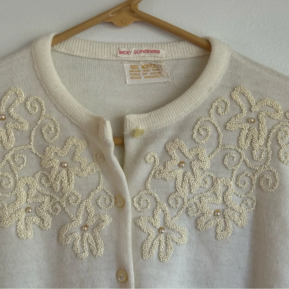 50s/60s Cream Beaded Cottagecore Cardigan Sweater Vintage Embellished - Picture 4 of 6